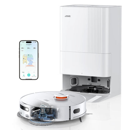 De JONR P20 Pro robotstofzuiger met witte, moderne design en transparante onderkant, naast zijn laadstation en smartphone-app voor slimme huishoudelij