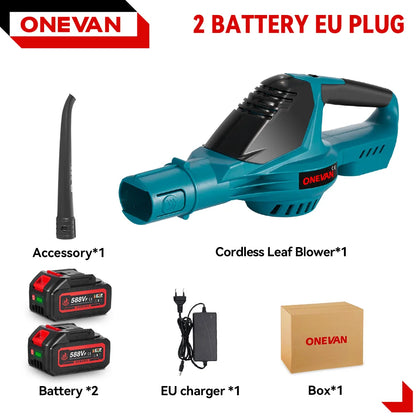 Een bladzwaaiertje van Onevan met blauw-zwarte kleur en 588V batterijen, geschikt voor tuin- en bouwprojecten. 5500W vermogen en 5 versnellingen voor 