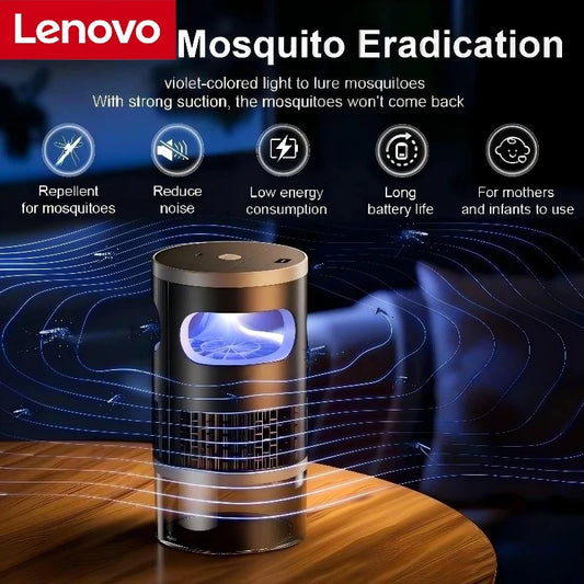 Lenovo Mosquito Killer met paarse lichtgolf, zichtbaar in zwart metaal met glazen onderdeel, ontworpen voor slaap- en kinderomgevingen, effectief bij 