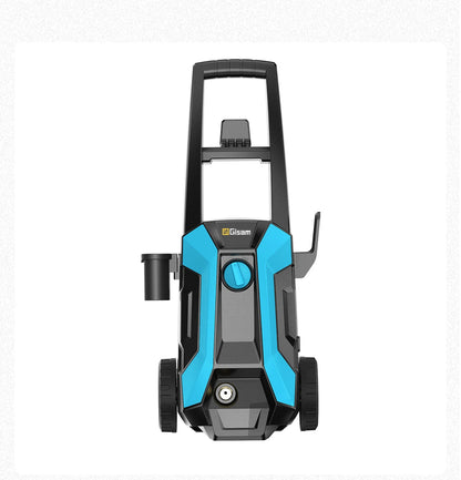 De Gisam waterkanon met 200 bar druk, zwart met blauwe accenten, inclusief slang, borstel, en accessoires voor efficiënte carwash en tuinreiniging. - 