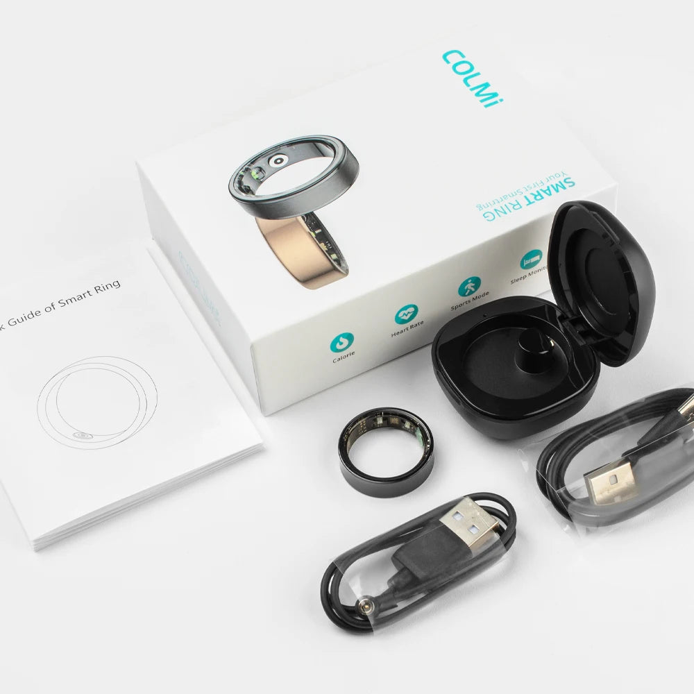 Zwart COLMi slimme ring met glanzend oppervlak en zichtbare LED’s, geïntegreerd met een compacte oplader voor dagelijks gebruik als gezondheidsmonitor en stijlvol accessoire. - Foto 23