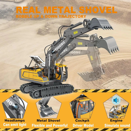 Grote, realistische RC-graafmachine in zwart en geel, met zichtbare trekkerbanden en een schep die zand opvangt. Inclusief afbeelding van de controlle