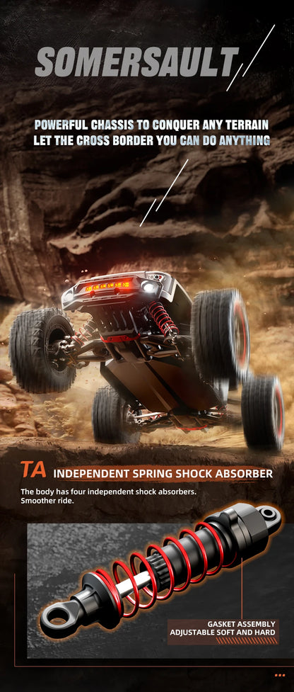 Zwart Rigid Off-Road RC-raceauto met rode velgen en LED-verlichting, uitgerust met 3 blauwe batterijen, stuurcontroller en opbergzak voor terreinrijde
