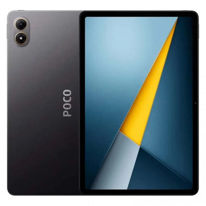 De POCO Pad M1 in donkerblauw met dubbele camera, scherm met abstracte gele en grijze grafiek, geschikt voor gaming en multimedia. Perfect voor gamers
