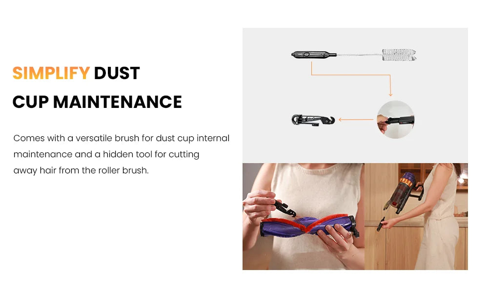 Een draadloze stofzuiger met paarse en gouden accenten, uitgerust met meerdere borstels en een digitale display voor efficiënte huishoudelijke reinigi