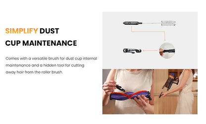 Een draadloze stofzuiger met paarse en gouden accenten, uitgerust met meerdere borstels en een digitale display voor efficiënte huishoudelijke reinigi