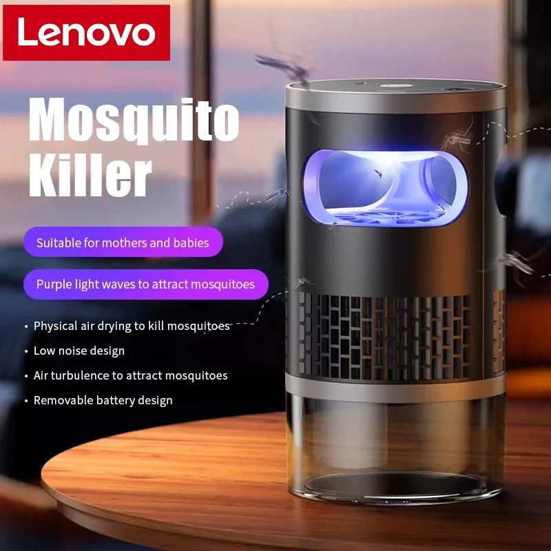 Lenovo Mosquito Killer met blauw paarse licht, zichtbaar in een glazen behuizing op een houten tafel, ontworpen voor slaap- en woonruimtes om muggen t