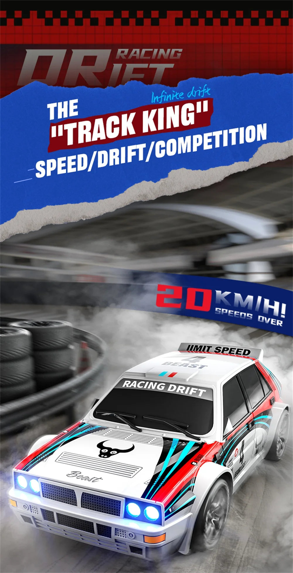 Een witte RC-rallyauto met rode en blauwe strepen, zwarte wielen en blauwe LED-verlichting, klaar voor drift- en race-activiteiten. Inclusief stuur, e