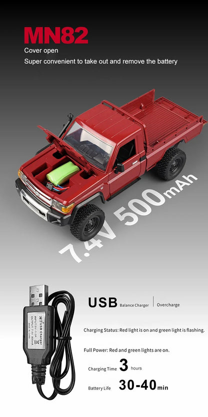 De ZWN MN82S 1:12 RC Toyota Land Cruiser in bruin, met grote off-road banden en een opvallende bumper, staat op rotsachtig terrein. Officieel licentie