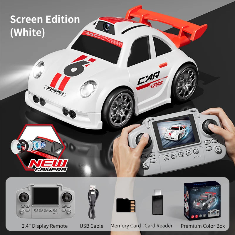 Zwart en wit RC-raceauto’s met HD-camera’s voor live-uitzending, gestuurd via een draadloze controller met scherm. Perfect voor kinderen en raceliefhe