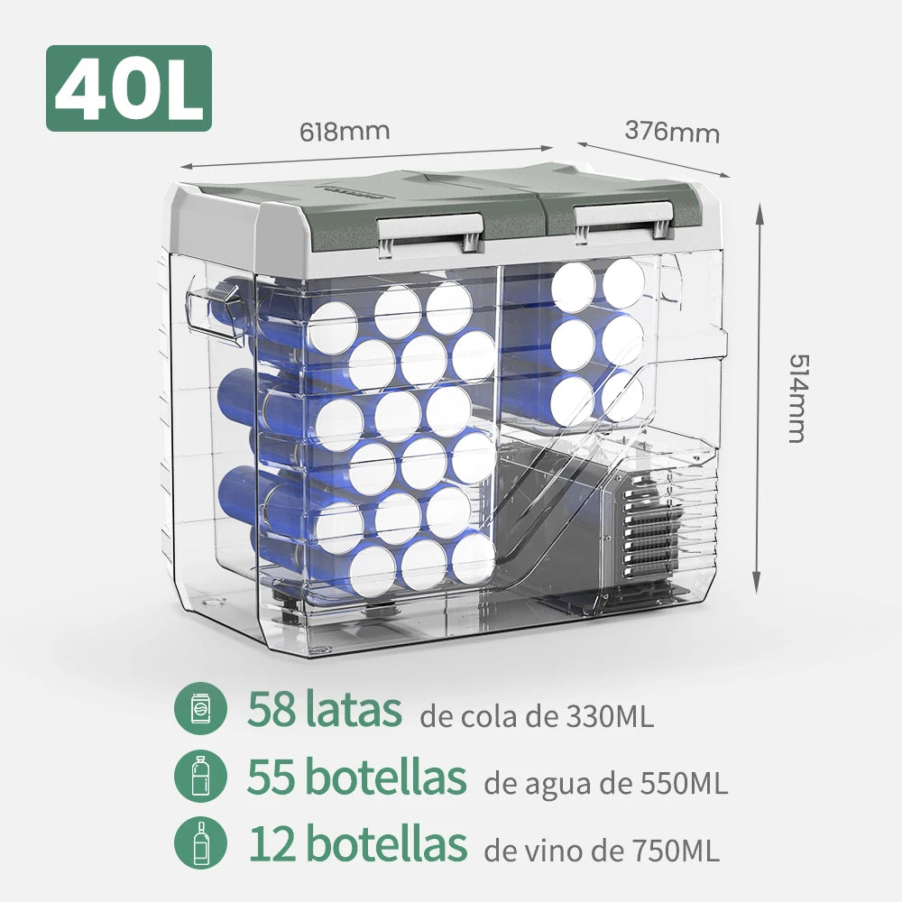 Grijze Alpicool koelbox met open deksel, gevuld met rode blikjes en verse fruit. Elektronisch bedieningspaneel en ventilatiegaten zichtbaar – ideaal v