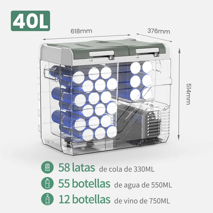 Grijze Alpicool koelbox met open deksel, gevuld met rode blikjes en verse fruit. Elektronisch bedieningspaneel en ventilatiegaten zichtbaar – ideaal v