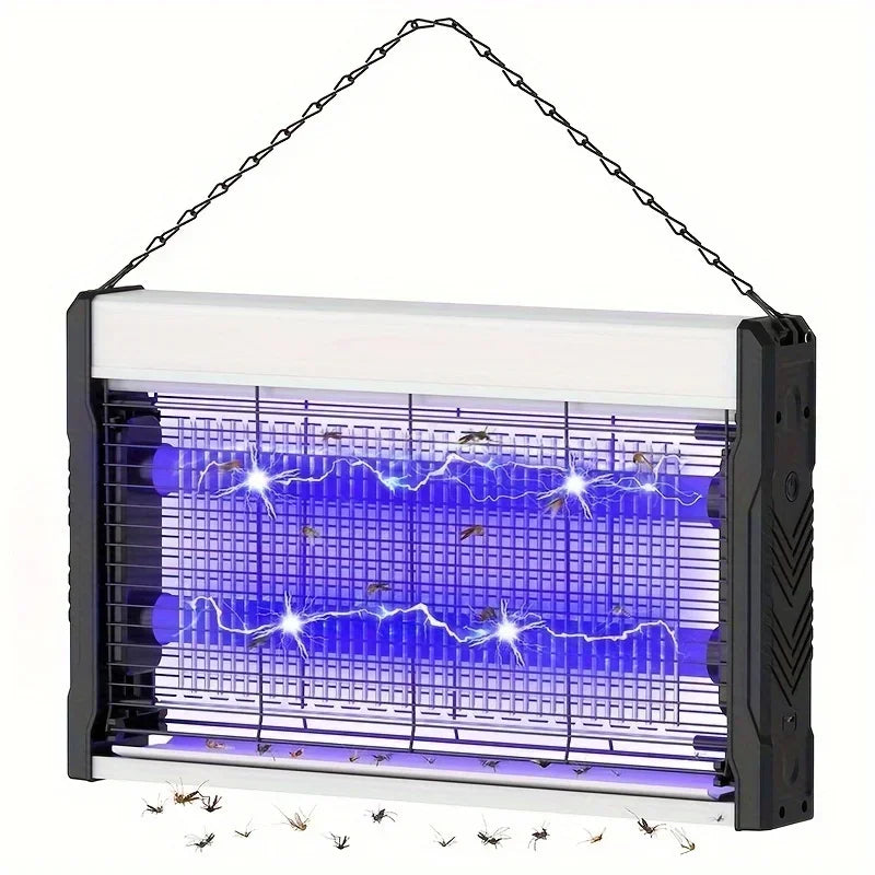 Een JOYON insectenverwijderaar met zwarte kast en zichtbare UV-buisjes hangt aan een ketting. Geschikt voor huis- en kantoorruimtes om muggen en vlieg