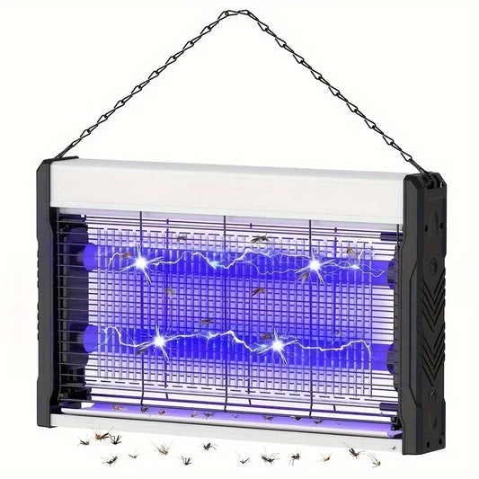 Een JOYON insectenverwijderaar met zwarte kast en zichtbare UV-buisjes hangt aan een ketting. Geschikt voor huis- en kantoorruimtes om muggen en vlieg