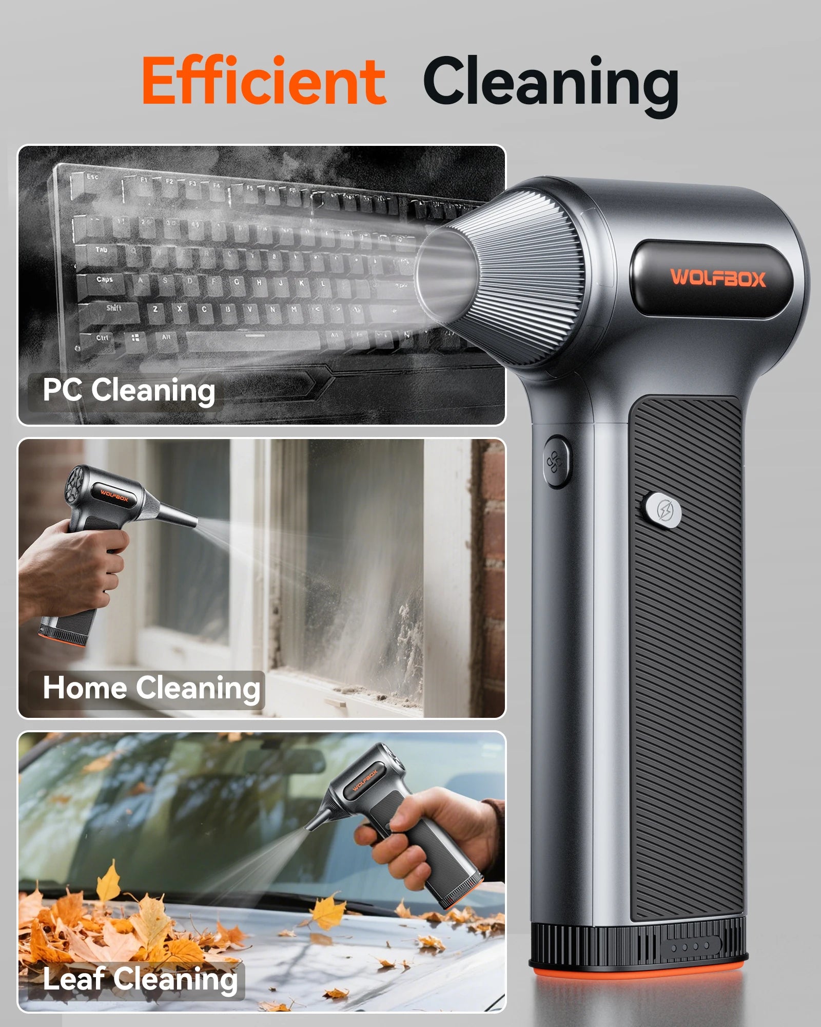 De Wolfbox MF200 Air Duster, een compacte, zilveren stofzuiger met zwarte grip, is uitgerust met drie metalen nozzles en accessoires voor het schoonma