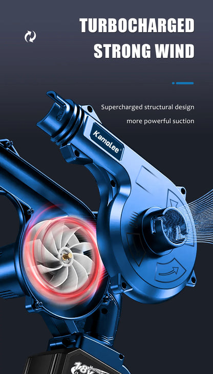 De Kamolee draadloze blower in blauw met zwart stootpijp, voorzien van een 18V lithium-ion accu, geschikt voor tuin- en bouwprojecten. Inclusief twee 
