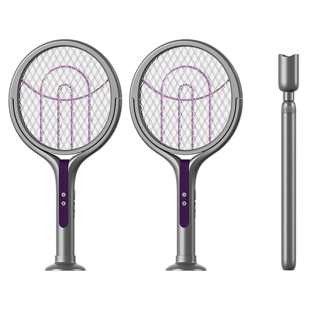 Zilverkleurige, vouwbare insectenkiller met paarse UV-verlichting en 180° draaibare mesh, geschikt voor muurmontage en nachtgebruik in slaapkamers of 