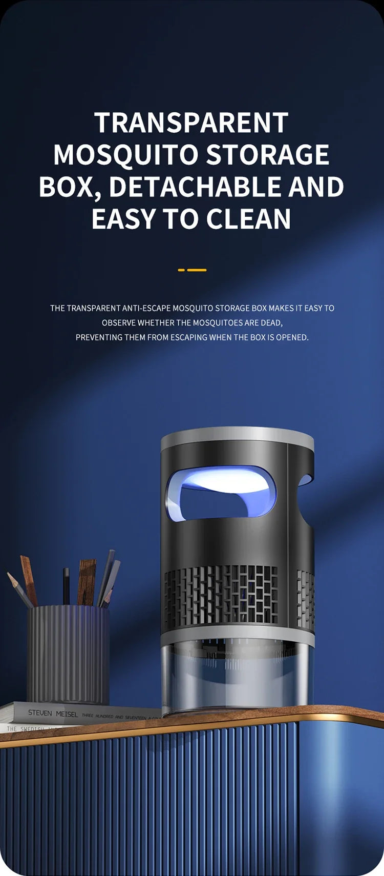 Lenovo Mosquito Killer met blauwe UV-verlichting, zilveren en transparante behuizing, staat op houten tafel. Geschikt voor slaap- en woonruimtes, met 