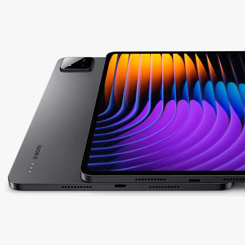 Grijs Xiaomi Pad 7 Wifi met kleurrijke schermachtergrond, duidelijk zichtbare camera module en productspecificaties. Ideaal voor mobiele productivitei