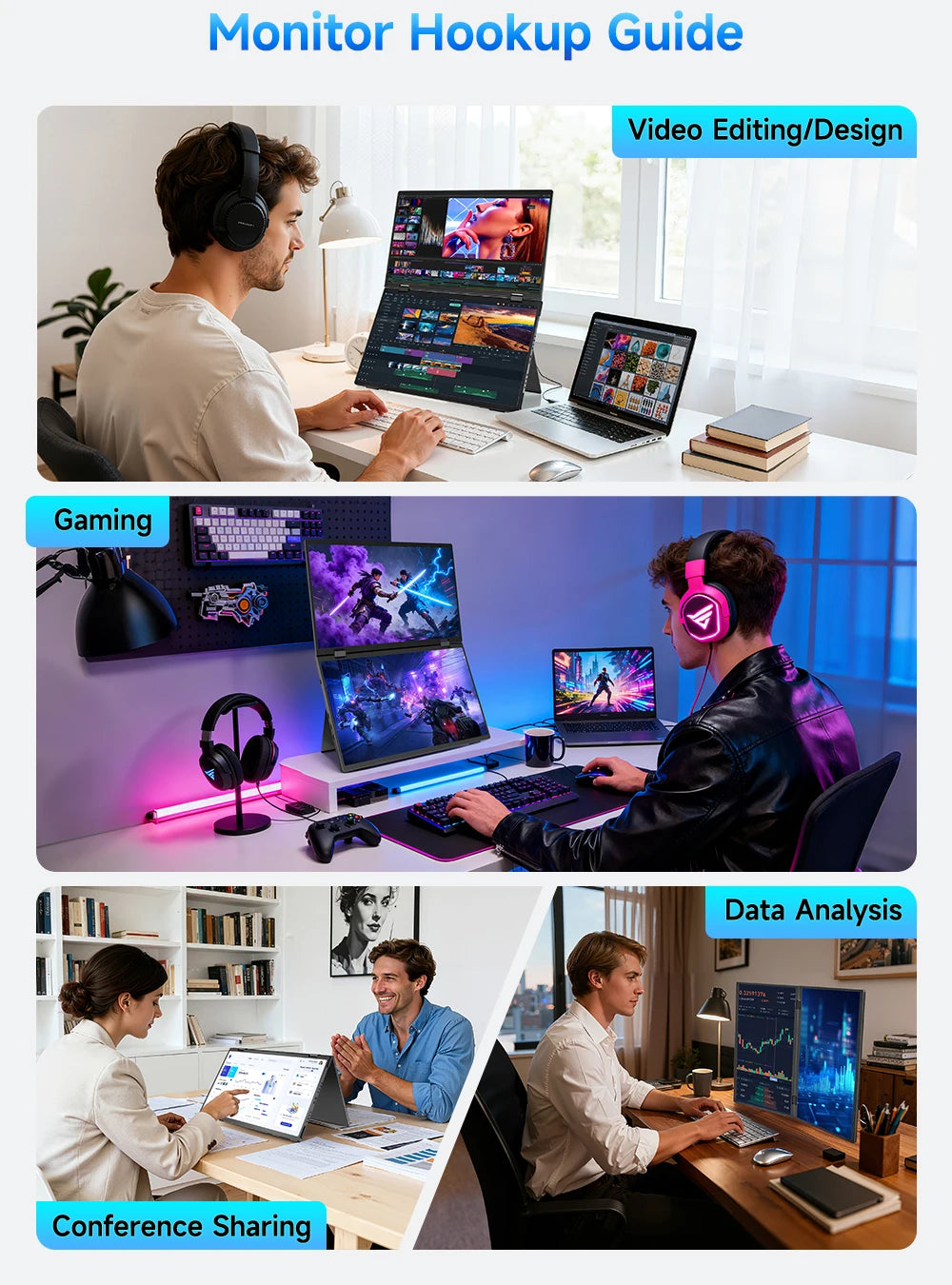 Een zwarte UPERFECT 15,6-inch dubbel scherm laptop met kleurrijke bergafbeeldingen, 1080P FHD resolutie, 350 nits helderheid en 100% sRGB kleurweergav