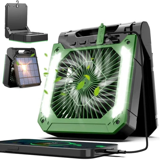 Groene draagbare ventilator met LED-verlichting en zonnepaneel, uitgerust met USB-poorten en 20000mAh accu voor outdoor-gebruik en mobiele oplading. -