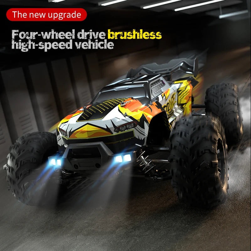 Zwart-pink 1:16 schaal RC monstertruck met grote terreinbanden en blauwe LED-verlichting, ontworpen voor speelgoedrace op zware terrein. Geschikt voor