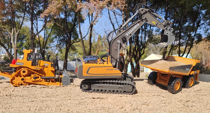 Grote, realistische RC-graafmachine in zwart en geel, met beweegbare schep en zichtbare batterijen, klaar voor speelplein of bouwprojecten. Inclusief 