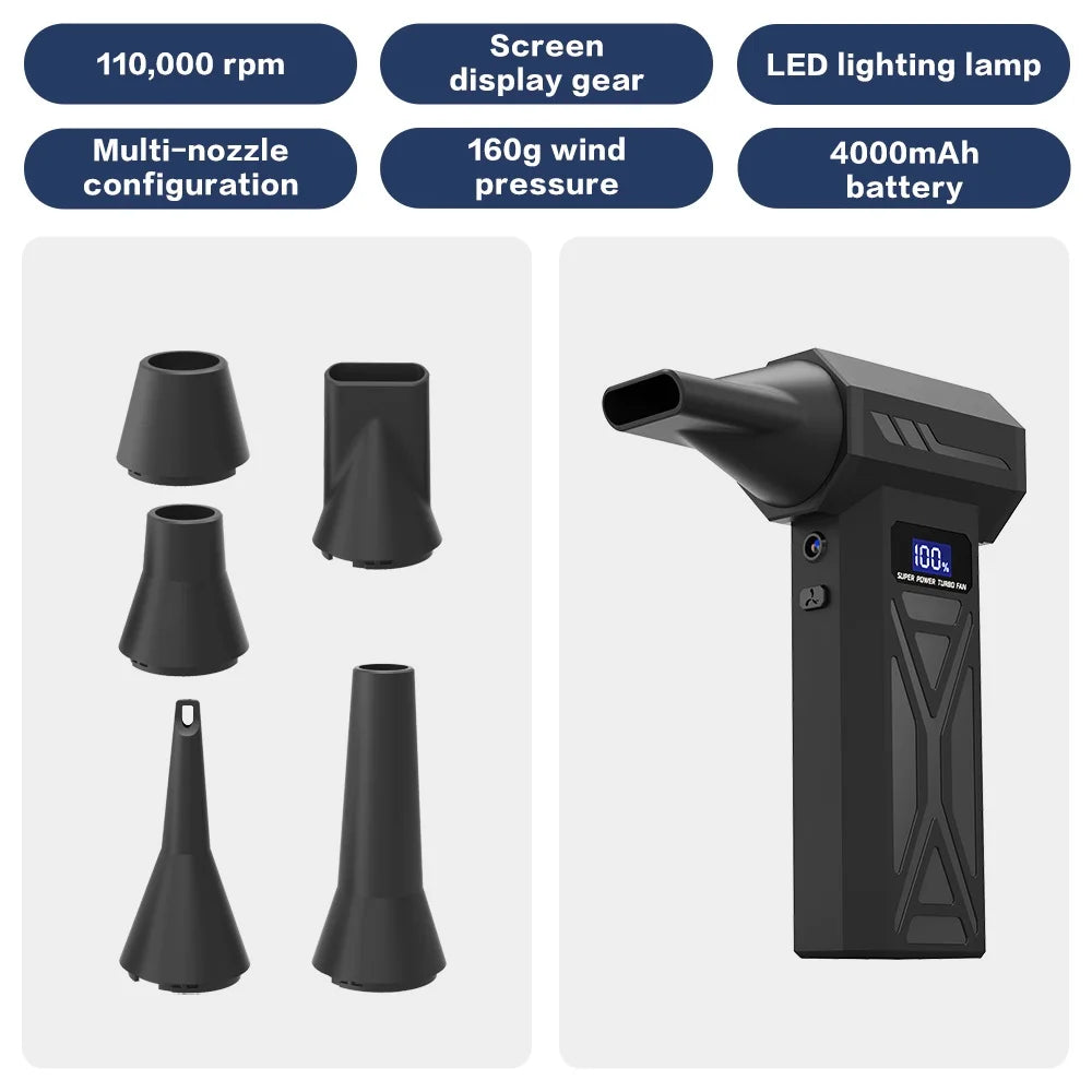 Zwarte draadloze superkrachtige turbo ventilator met digitale display, inclusief diverse accessoires voor auto’s en huishoudelijk gebruik. Compacte, m