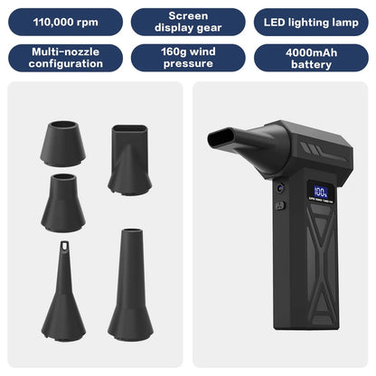 Zwarte draadloze superkrachtige turbo ventilator met digitale display, inclusief diverse accessoires voor auto’s en huishoudelijk gebruik. Compacte, m