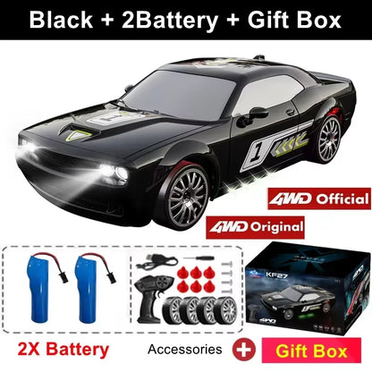 Zwart 4WD RC-raceauto met glanzende lak, zichtbare schokdempers en nummer 1 op de zijkant, klaar voor speelplein of racetrack. Blauwe versie en afstan