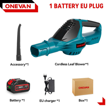 Een bladzager met blauw-zwarte kleur en 588V batterijen, geschikt voor tuin- en bouwprojecten. Bladzager met 5 versnellingen en 180M/S luchtstroom voo