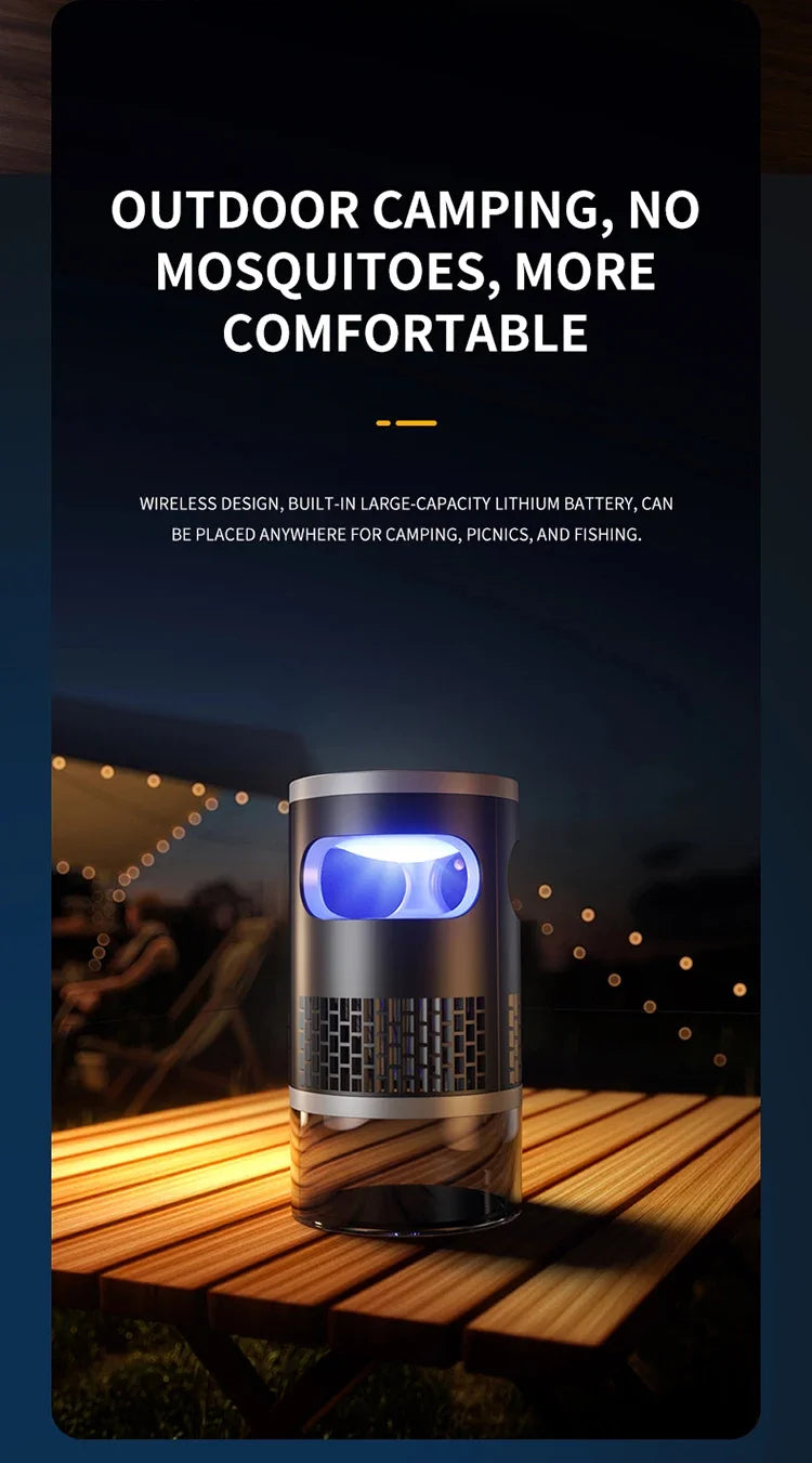 Lenovo Mosquito Killer met blauwe UV-verlichting, zichtbaar op houten tafel. Zwart metalen behuizing met verwijderbare batterij, geschikt voor slaap- 