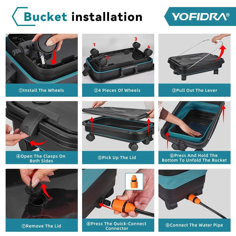 YOFIDRA 200 bar elektrische stofzuiger met 22L vouwbare tank, 3000W motor, zwart en blauw, inclusief 21V batterijen, 6-in-1 spuitkop en opvouwbare sla