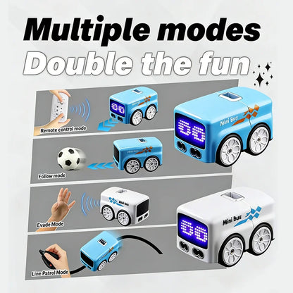 Mini bus met LED-display en witte wielen, in blauw en wit, bediend via afstandsbediening voor kinderen. Speelgoedbus met racestijl en knoppen voor spe