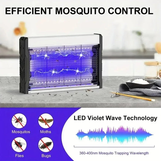 Een JOYON muurhangende insectenkiller met zwarte kast en zichtbare UV-buisjes, hangend aan een ketting in een woonkamer. Geschikt voor huis- en kantoo