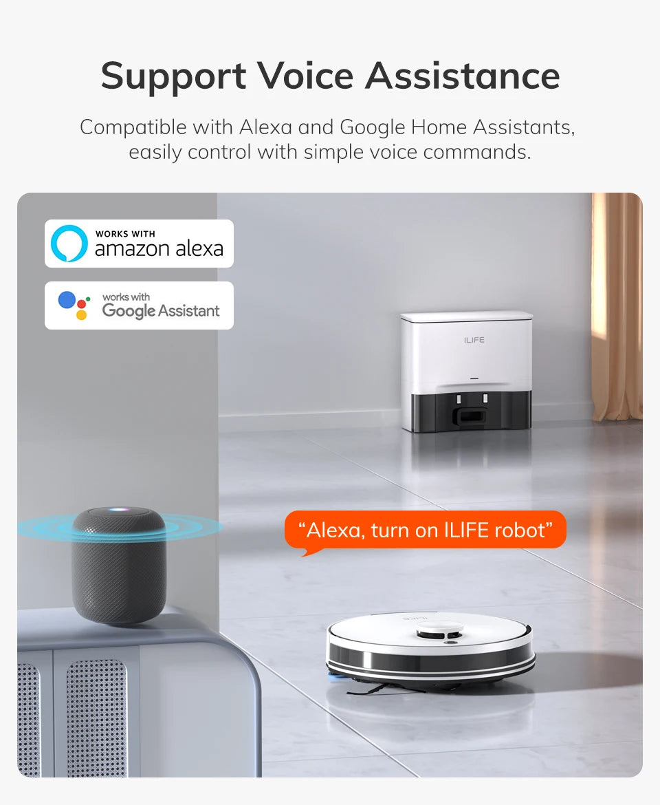 De witte ILIFE robotstofzuiger met zwart accent en app-geconnecteerde interface, klaar voor automatische vloerreiniging in huishoudens. Geoptimaliseer