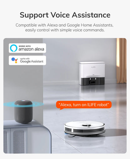 De witte ILIFE robotstofzuiger met zwart accent en app-geconnecteerde interface, klaar voor automatische vloerreiniging in huishoudens. Geoptimaliseer