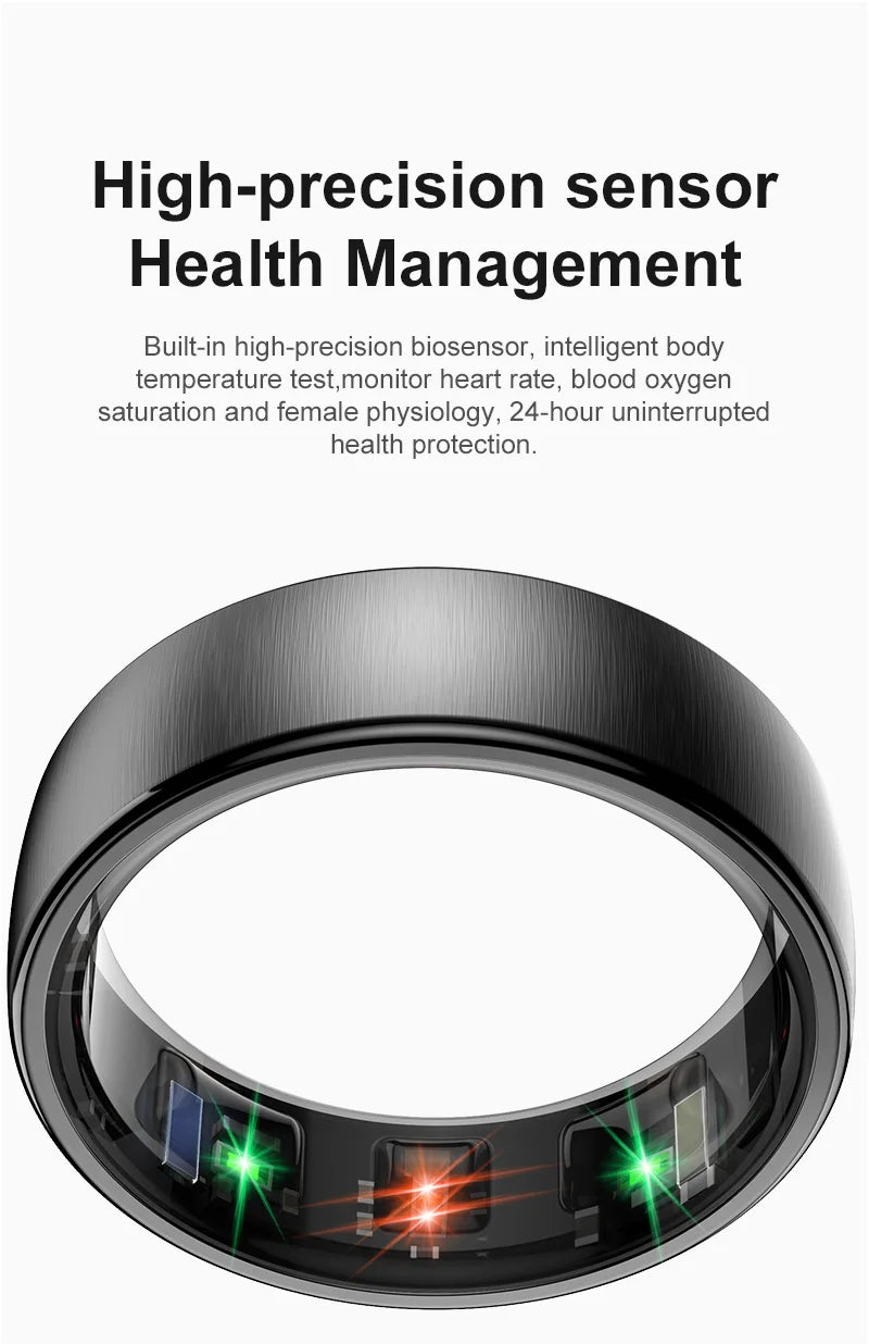 Een zilverkleurige slimme ring met glanzende, gestructureerde oppervlakken en zichtbare LED-indicatoren, naast een goudkleurige variant op een draadloze oplader voor gezondheidsmonitoring. - Foto 14