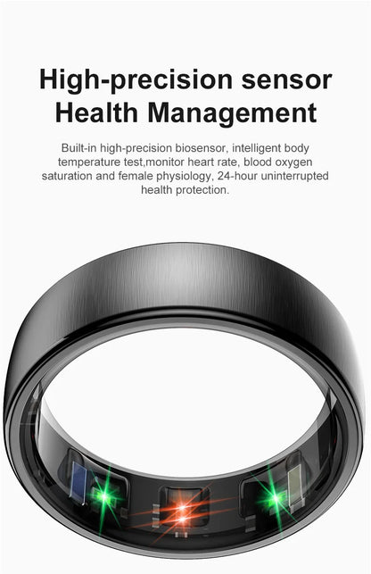Een zilverkleurige slimme ring met glanzende, gestructureerde oppervlakken en zichtbare LED-indicatoren, naast een goudkleurige variant op een draadloze oplader voor gezondheidsmonitoring. - Foto 14
