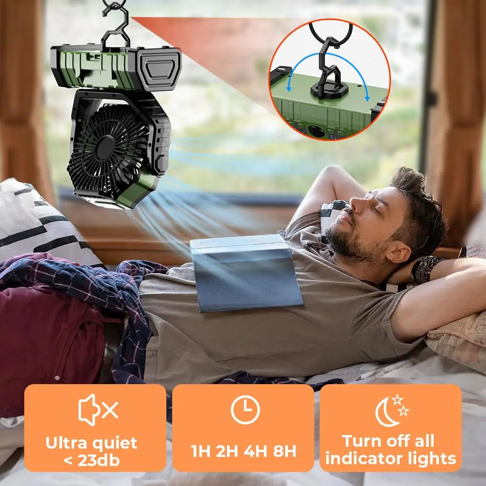 Groene draagbare ventilator met LED-verlichting en USB-oplader, uitgerust met afstandsbediening en multifunctionele knoppen voor gebruik op kampeer- e