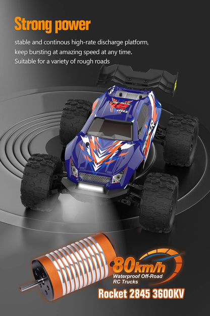 Blauwe JIUSI MT14R 1/14 RC-raceauto met zwarte banden en “STORM”- en “THUNDER”-afbeeldingen, geschikt voor speelgoedraces en kinderen. Perfect voor bi