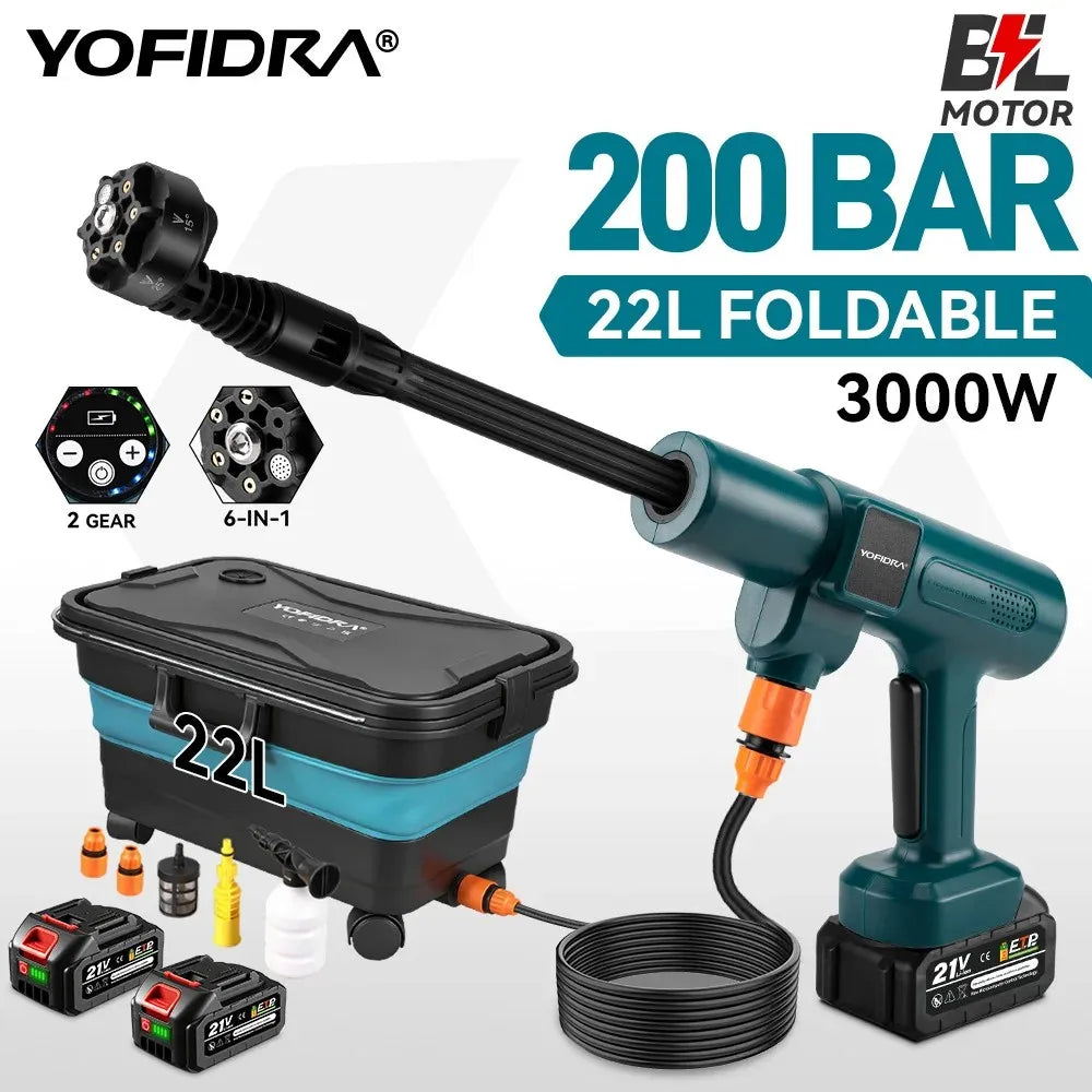 YOFIDRA 200 bar waterkanon met 22L vouwbare tank, uitgerust met 6-in-1 spuitkop en 21V batterijen, geschikt voor krachtige carwash en tuinreiniging. -