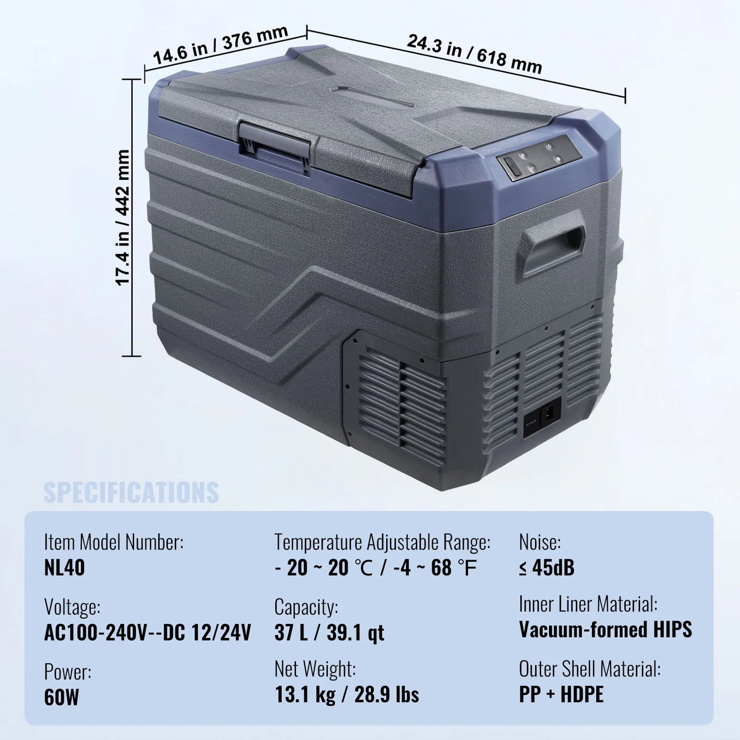 De VEVOR elektrische koelbox in grijs, gevuld met rode blikjes en blauwe ijsjes, met een smartphone die de temperatuur controleert via app. Ideaal voo