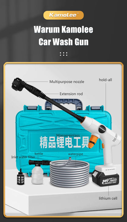 De Kamolee high pressure car wash gun met 388V Li-ion accu, zwart met rode accenten, staat naast haar opbergkoffer voorzien van slang en accessoires, 