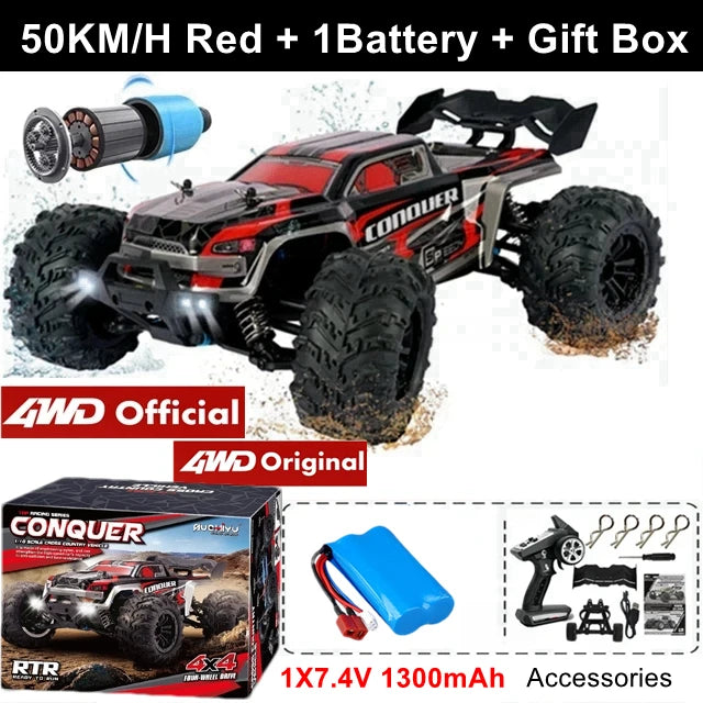 Een 1:16 schaal RC monstertruck met zwarte en roze lichaam, grote terreinbanden en blauwe LED-verlichting, ontworpen voor speelgoedraces op zware terr