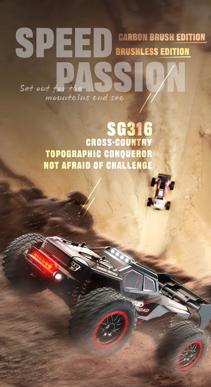 Zwart Rigid off-road RC-raceauto met rode velgen en LED-verlichting, uitgerust met 3 blauwe batterijen, stuurcontroller en opbergzak voor terreinrijde