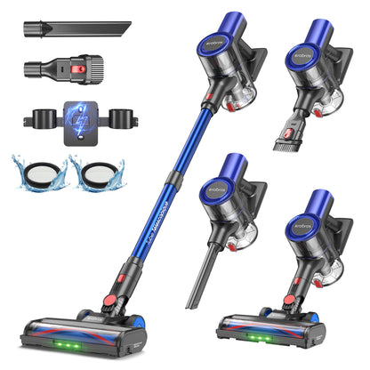 Een blauwe, draadloze stofzuiger van erabros met verschillende accessoires, inclusief een waterdichte filter, geschikt voor diepe reiniging van vloere