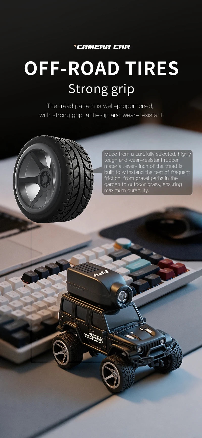 Zwart 1:64 mini klimgoedje met magnetische camera, geschikt voor indoor- en outdoor-avonturen. Zichtbaar app-controle, shockabsorberende structuur en 
