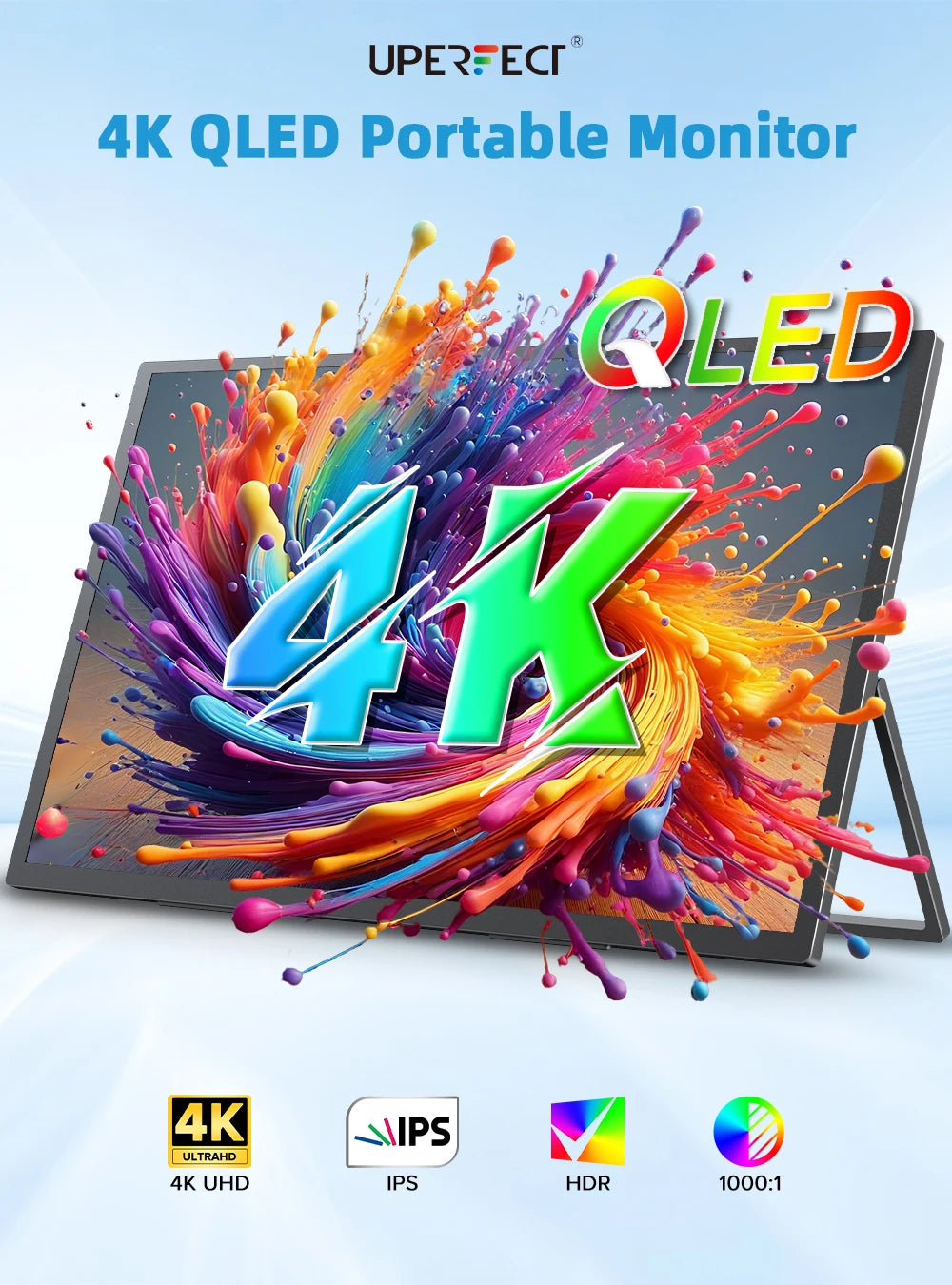Een 18,4-inch QLED-televisie met 4K-resolutie, kleurrijke schermweergave van een boom, en zichtbare VESA- en FreeSync-merken. Ideaal voor gaming en st