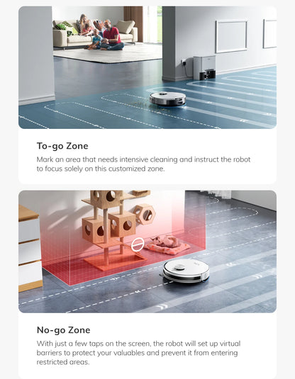 De witte ILIFE robotstofzuiger met zwart accent, klaar voor automatische stofzuiging, staat naast zijn oplader en een smartphone met de app. Ideaal vo